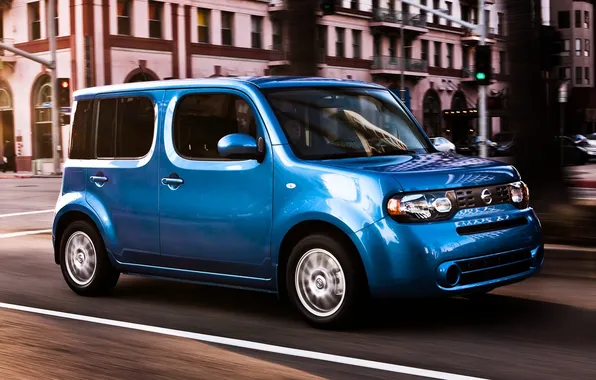 Blue, the city, nissan, cube, Nissan, the front, cube