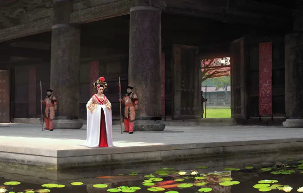 Columns, pond, water lilies, guards, Chinese Temple