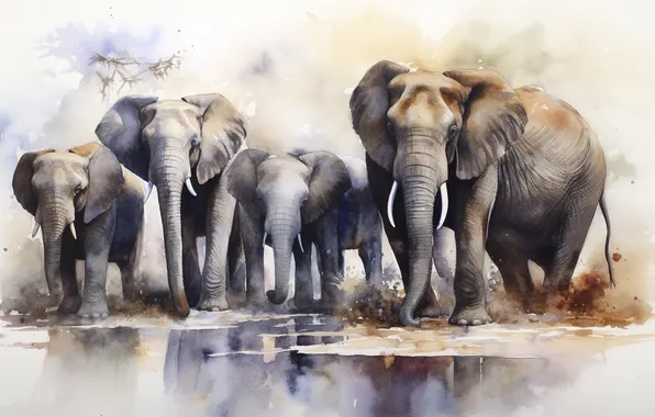 Water, nature, elephant, watercolor, painting, elephants, drink, pond