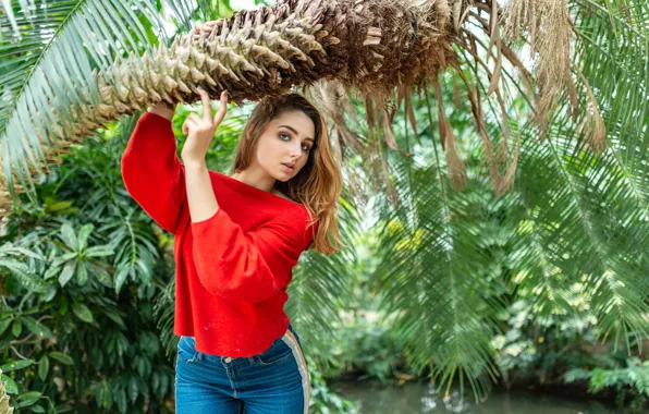 Look, red, nature, model, portrait, jeans, makeup, figure