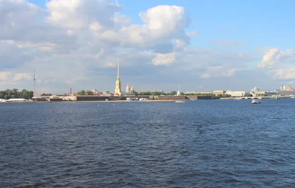 Summer, the sky, water, clouds, the city, river, building, home