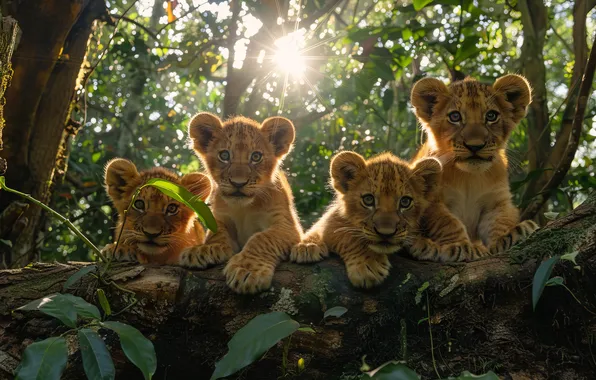 Trees, Leaves, Kittens, Digital art, Big cat, Predators, Lion cub, Cubs