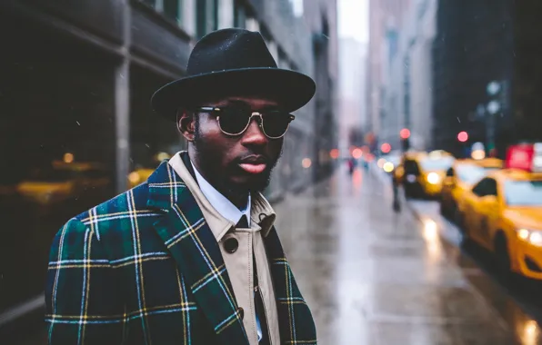 Picture street, lights, hat, glasses, lips, taxi, male, beard