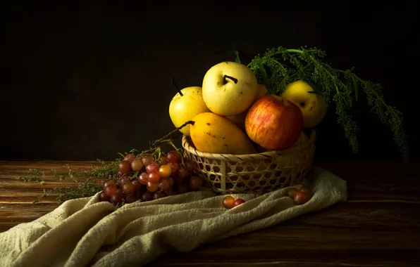Greens, the dark background, table, apples, grapes, fabric, fruit, mango