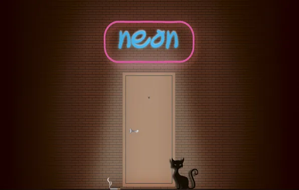 Picture cat, wall, smoke, neon, cigarette, sign, black cat, brick wall