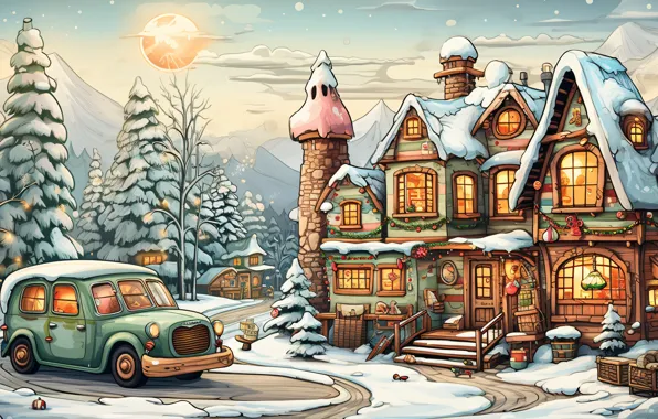 Winter, snow, house, holiday, graphics, Christmas, New year, house