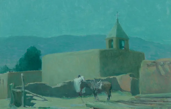 Horse, temple, Oscar Edmund Berninghaus, Old Mission at Taos