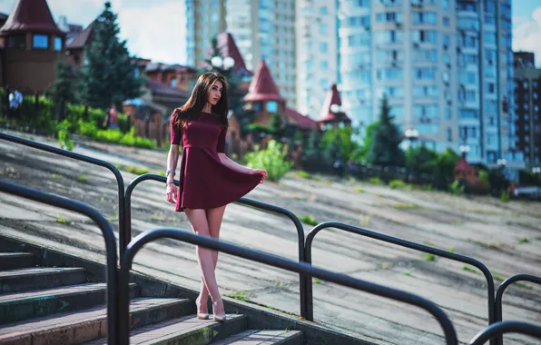 The sun, trees, the city, home, makeup, figure, dress, hairstyle