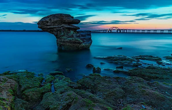 Bridge, lake, stones, shore, the evening, Texas, Lewisville Lake, Denton County