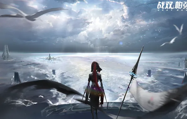 The sky, water, girl, birds, spear, Vera, Punishing: Gray Raven