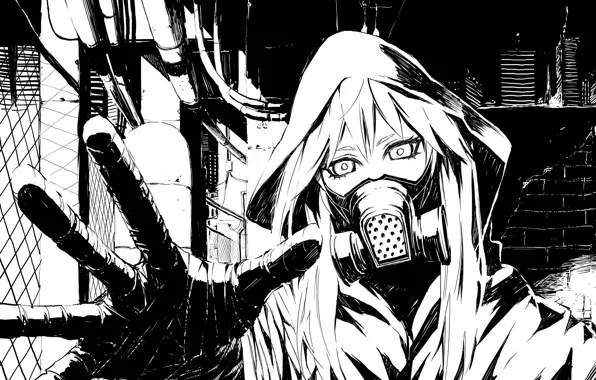 Picture look, girl, the city, Apocalypse, gas mask, horror, gesture, art