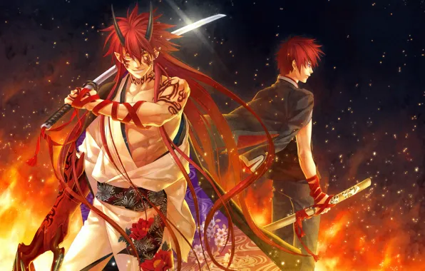 Flame, katana, the demon, tattoo, red, sparks, horns, long hair