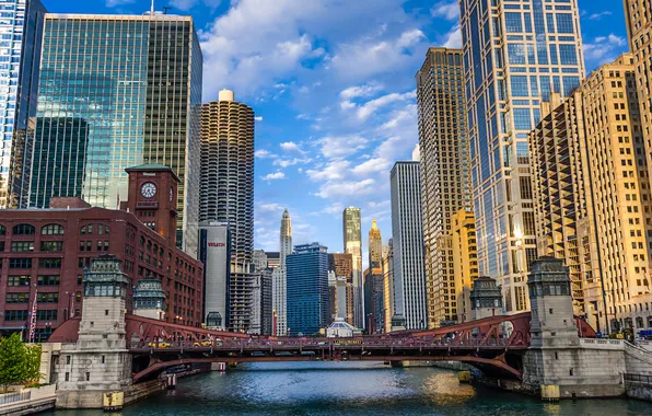 Picture bridge, river, home, skyscrapers, morning, Chicago, ILLINOIS