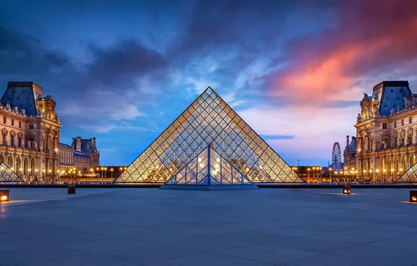 Sunset, the city, France, Paris, the evening, The Louvre, lighting, area