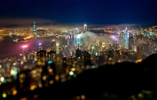 China, skyscrapers, Bay, bokeh, Hong Kong, night city lights