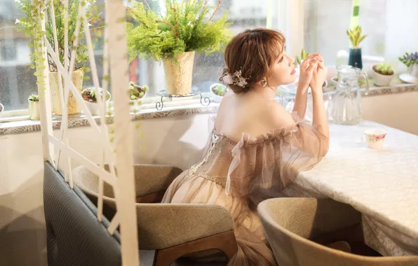 Girl, back, chair, dress, window, cafe, Asian, sitting