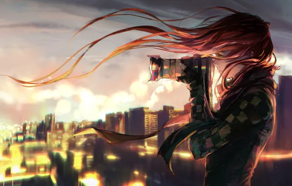 Picture girl, the city, the evening, the camera, yuumei