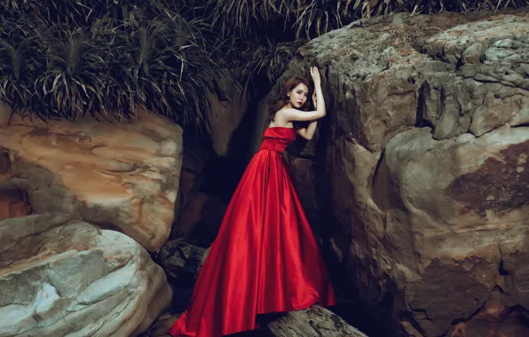 Sadness, leaves, girl, pose, stones, mood, rocks, sadness