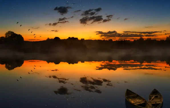 Sunset, The sun, The sky, Water, Clouds, Reflection, Sunrise, Fog