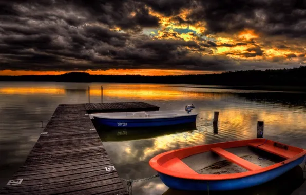Clouds, lake, boat, pier