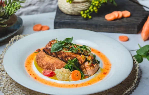 Fish, plate, vegetables, carrots, sauce, cabbage, tomatoes, dish
