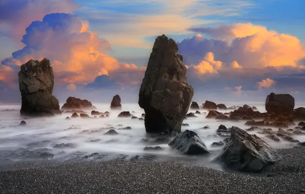 Rocks, clouds, horizon, sea, cliff, New Zealand, long exposure, sky