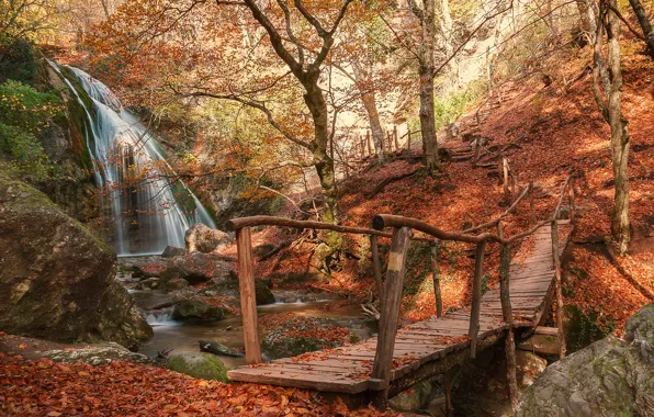 Picture autumn, trees, bridge, waterfall