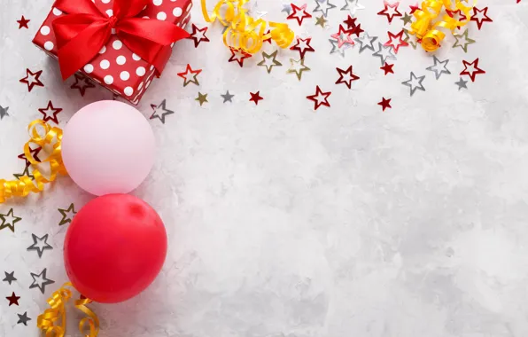 Balls, holiday, box, gift, bow, light background, serpentine, stars