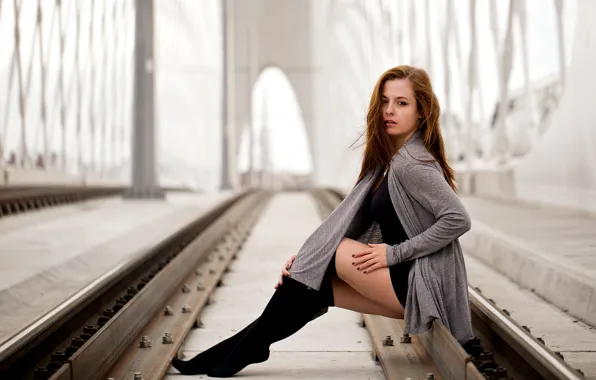 Look, girl, bridge, pose, rails, knee, Robert Chrenka