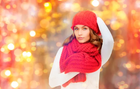 Picture white, look, red, pose, glare, background, hat, portrait