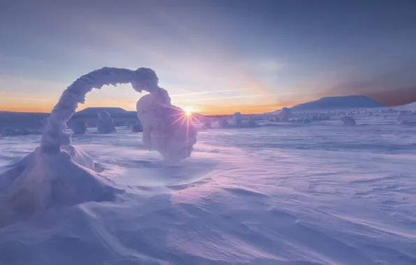 Winter, snow, mountains, sunrise, dawn, morning, the snow, Ural