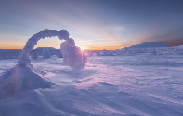 Picture winter, snow, mountains, sunrise, dawn, morning, the snow, Ural