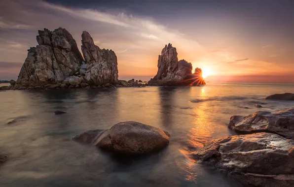 Sea, the sky, the sun, clouds, light, sunset, stones, rocks