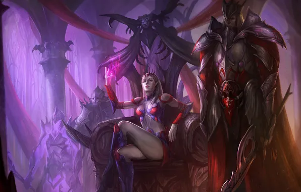Picture girl, magic, fantasy, art, the throne, guards, Queen