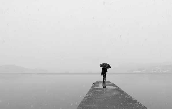 Picture cold, girl, lake, umbrella, back, Blizzard, they say