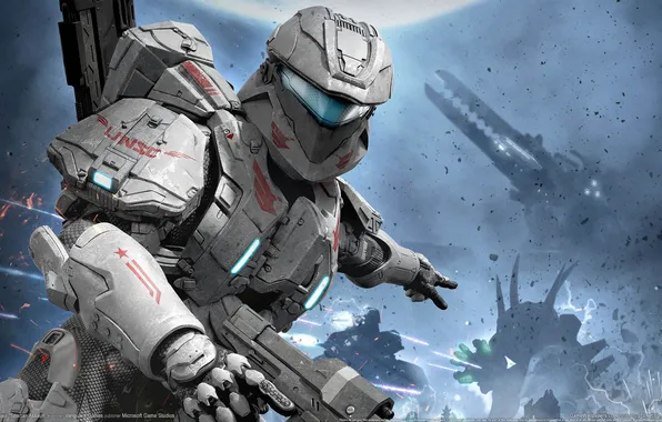 Picture space, weapons, planet, explosions, soldiers, the battle, Halo, landing