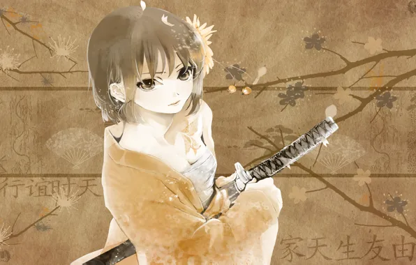 Picture girl, branches, katana, fan, characters, bandage