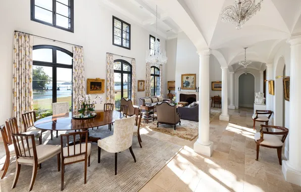 Design, style, France, interior, columns, fireplace, living room, dining room
