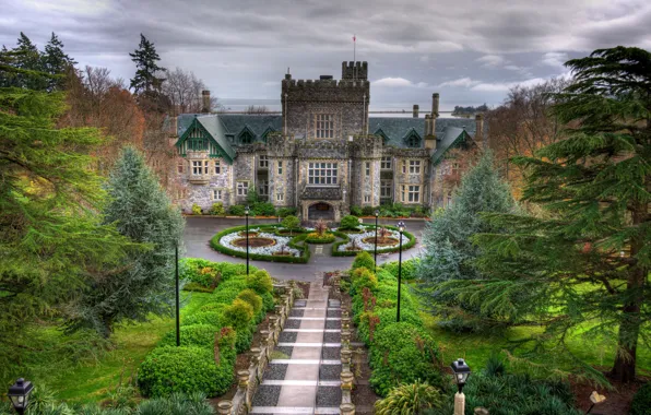 The sky, clouds, trees, Park, castle, lights, Canada, Canada