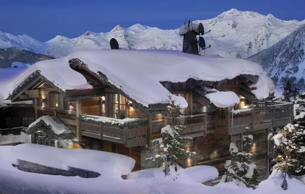 Winter, snow, mountains, house, stay, the evening, the hotel, France