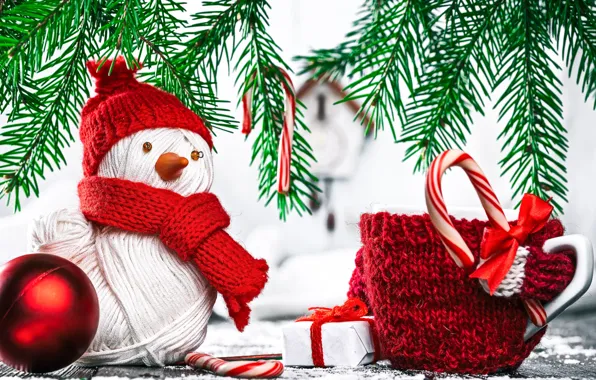 Background, gift, spruce, branch, New year, snowman, box, gift
