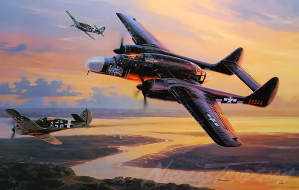 The plane, Fighter, painting, P-61, Black Widow, WW2, aircraft art, P-61 Black Widow