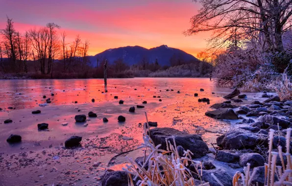 Picture winter, trees, sunset, mountains, river, stones, ice