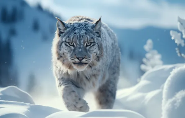 Winter, look, snow, nature, pose, lynx, face, AI art