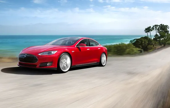 Picture The sky, Red, Road, Speed, Palm trees, Sedan, Tesla, Tesla