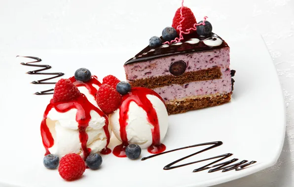 Picture berries, raspberry, blueberries, ice cream, cake, cream, sweet