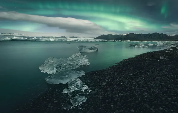 Pebbles, shore, ice, Northern lights, pond