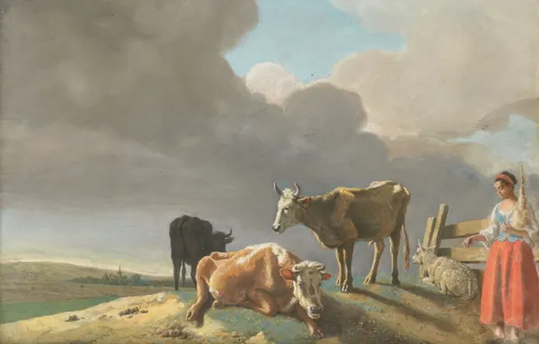 Picture animal, picture, pastel, parchment, Landscape with Cows and a Shepherdess, Jean Etienne Liotard