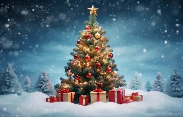 Winter, forest, snow, decoration, night, lights, gift, tree