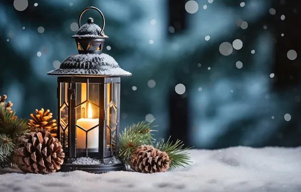 Winter, snow, night, Christmas, lantern, New year, Christmas, night